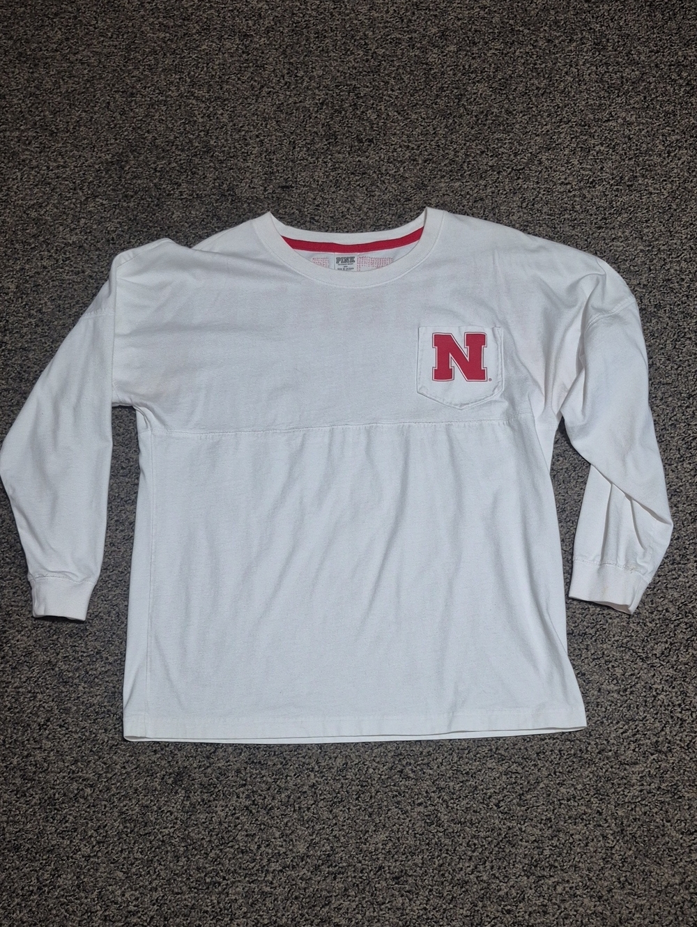 Nebraska HuskersPINK Victoria's Secret White Long Sleeve Tee with Red 'N' Pocket